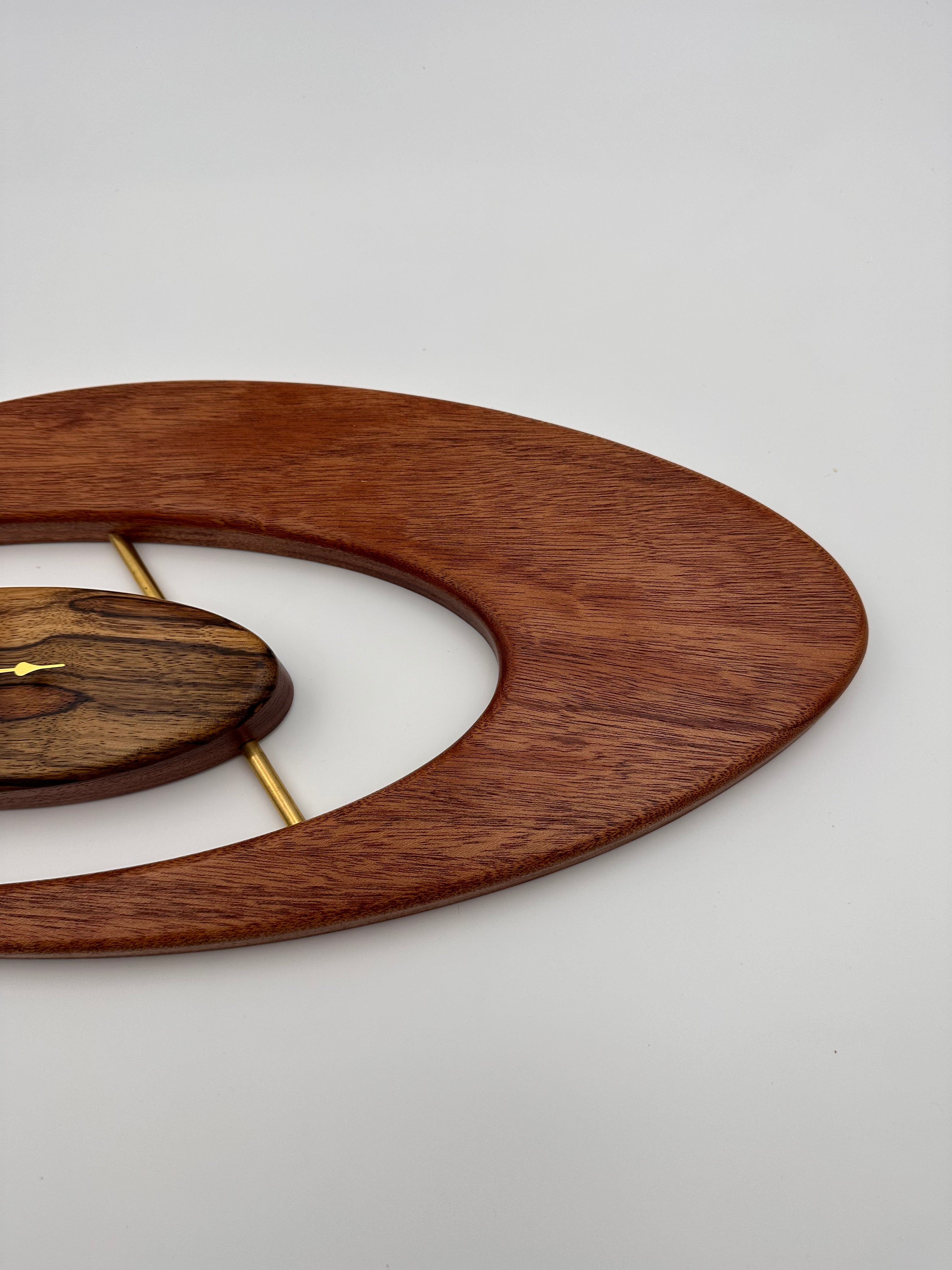 MCM Atomic Boomerang Clock Custom Hand Made Mahogany, Black Limba, Brass, Symmetrical Curves