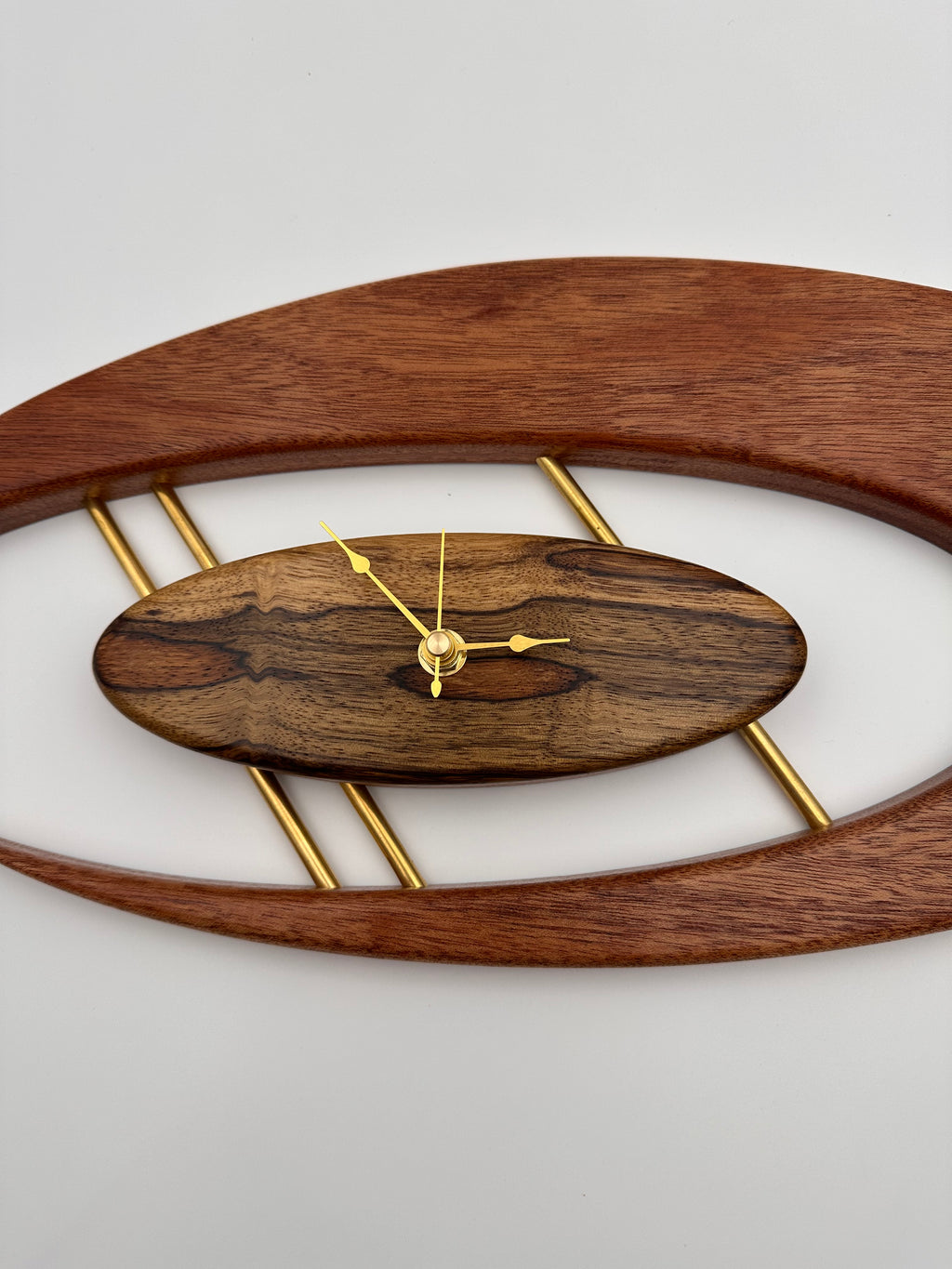 MCM Atomic Boomerang Clock Custom Hand Made Mahogany, Black Limba, Brass, Symmetrical Curves