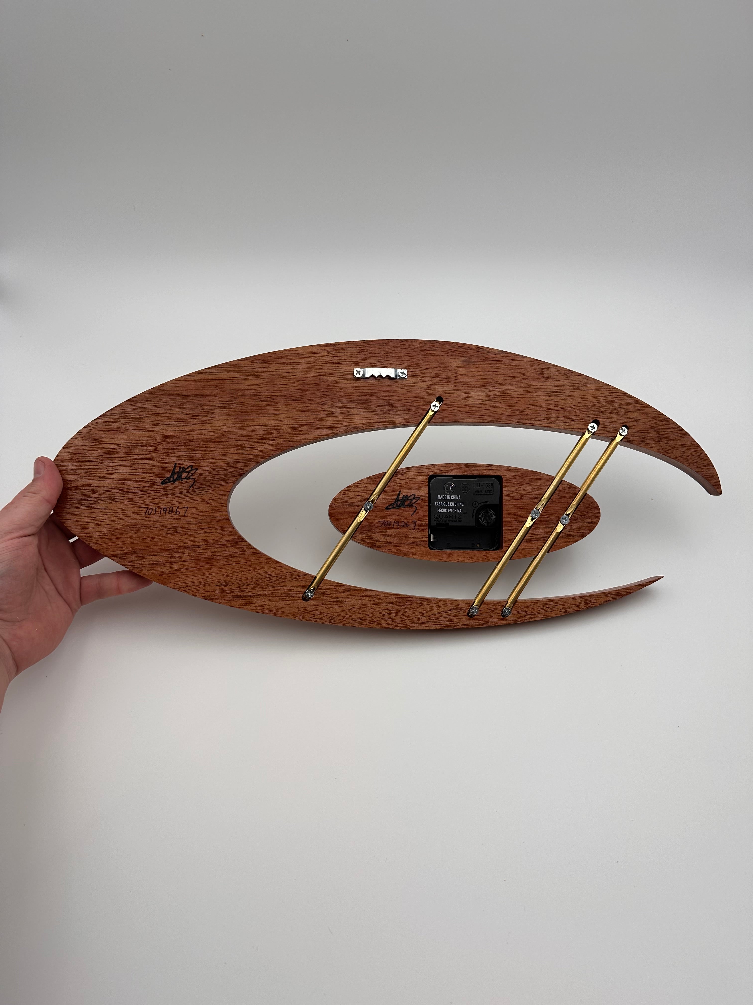 MCM Atomic Boomerang Clock Custom Hand Made Mahogany, Black Limba, Brass, Symmetrical Curves