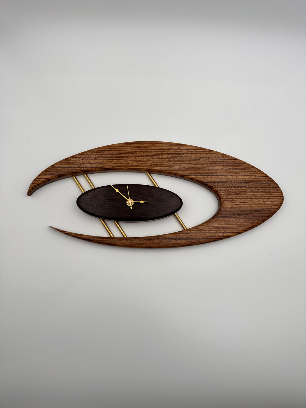 MCM Atomic Boomerang Clock Custom Hand Made Zebra Wood, Wenge, Brass