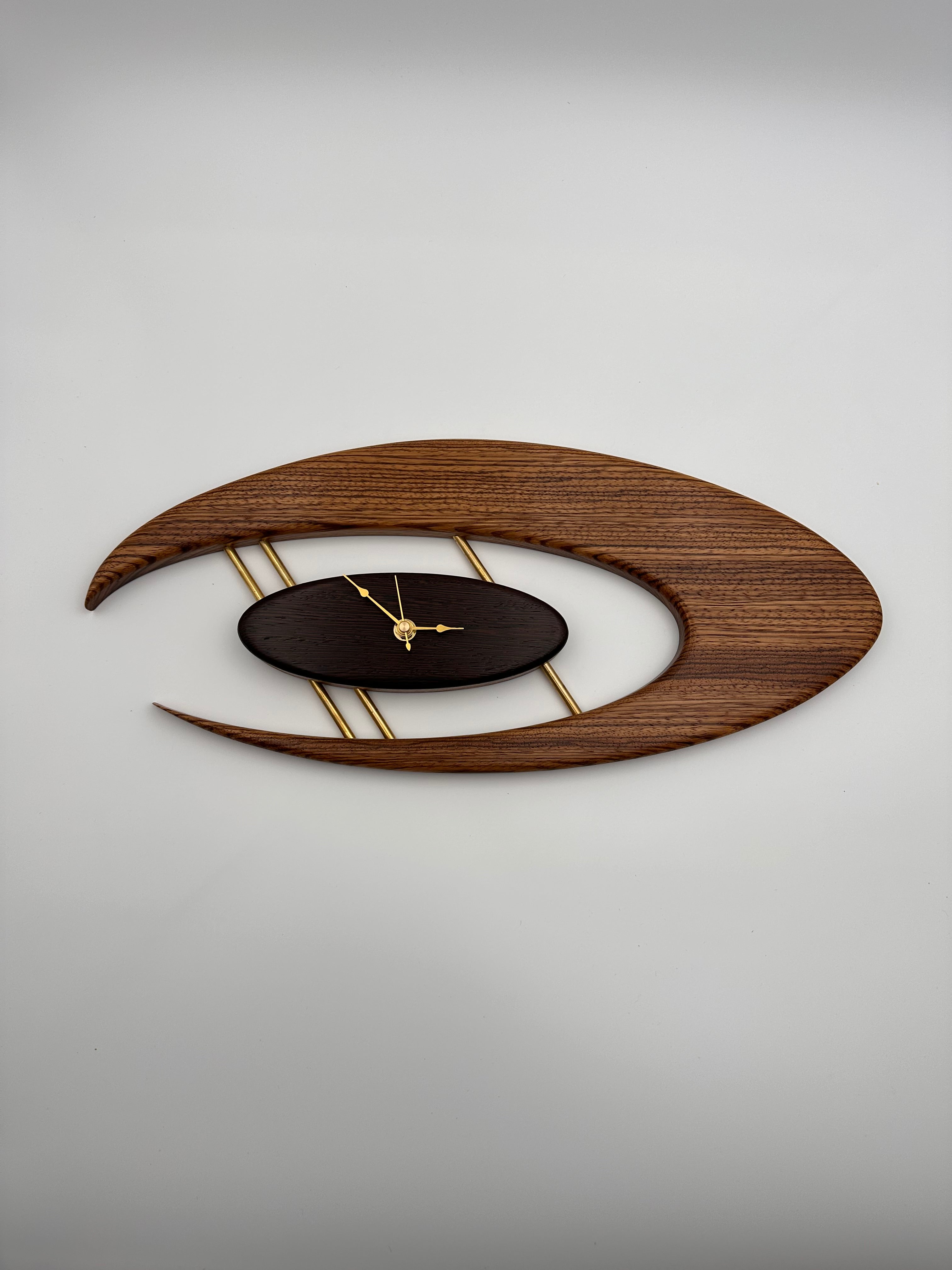 MCM Atomic Boomerang Clock Custom Hand Made Zebra Wood, Wenge, Brass
