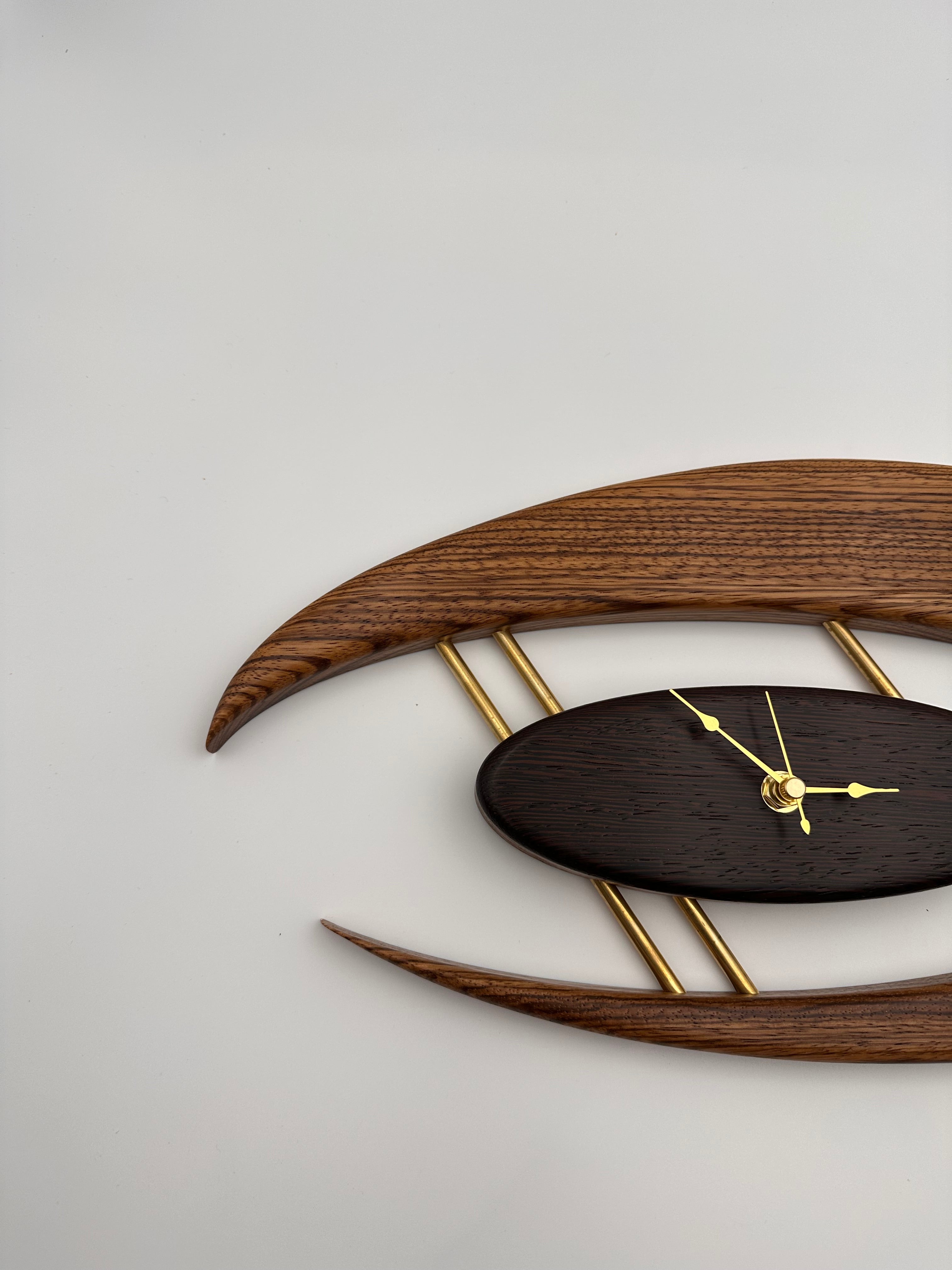 MCM Atomic Boomerang Clock Custom Hand Made Zebra Wood, Wenge, Brass