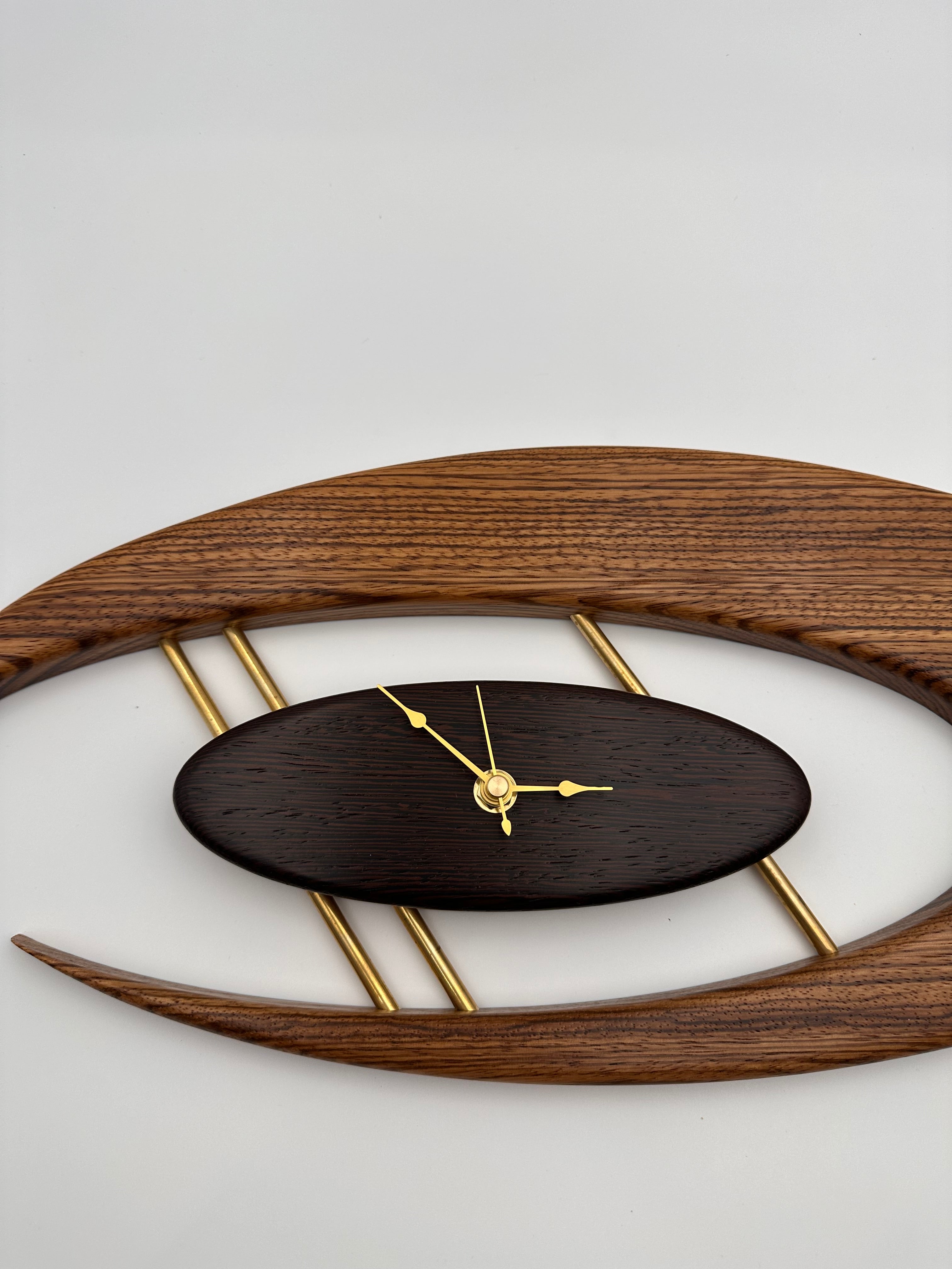 MCM Atomic Boomerang Clock Custom Hand Made Zebra Wood, Wenge, Brass