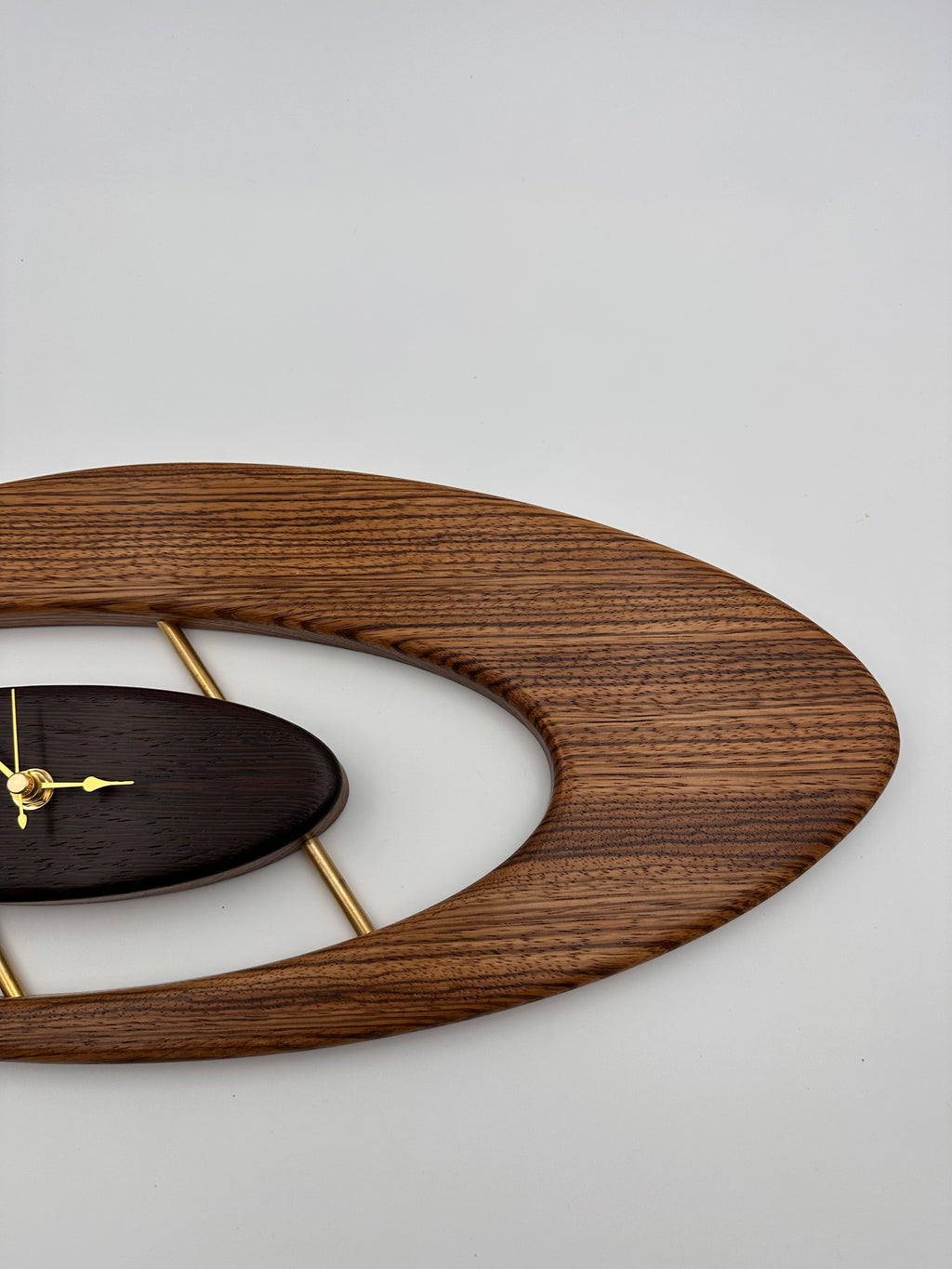 MCM Atomic Boomerang Clock Custom Hand Made Zebra Wood, Wenge, Brass