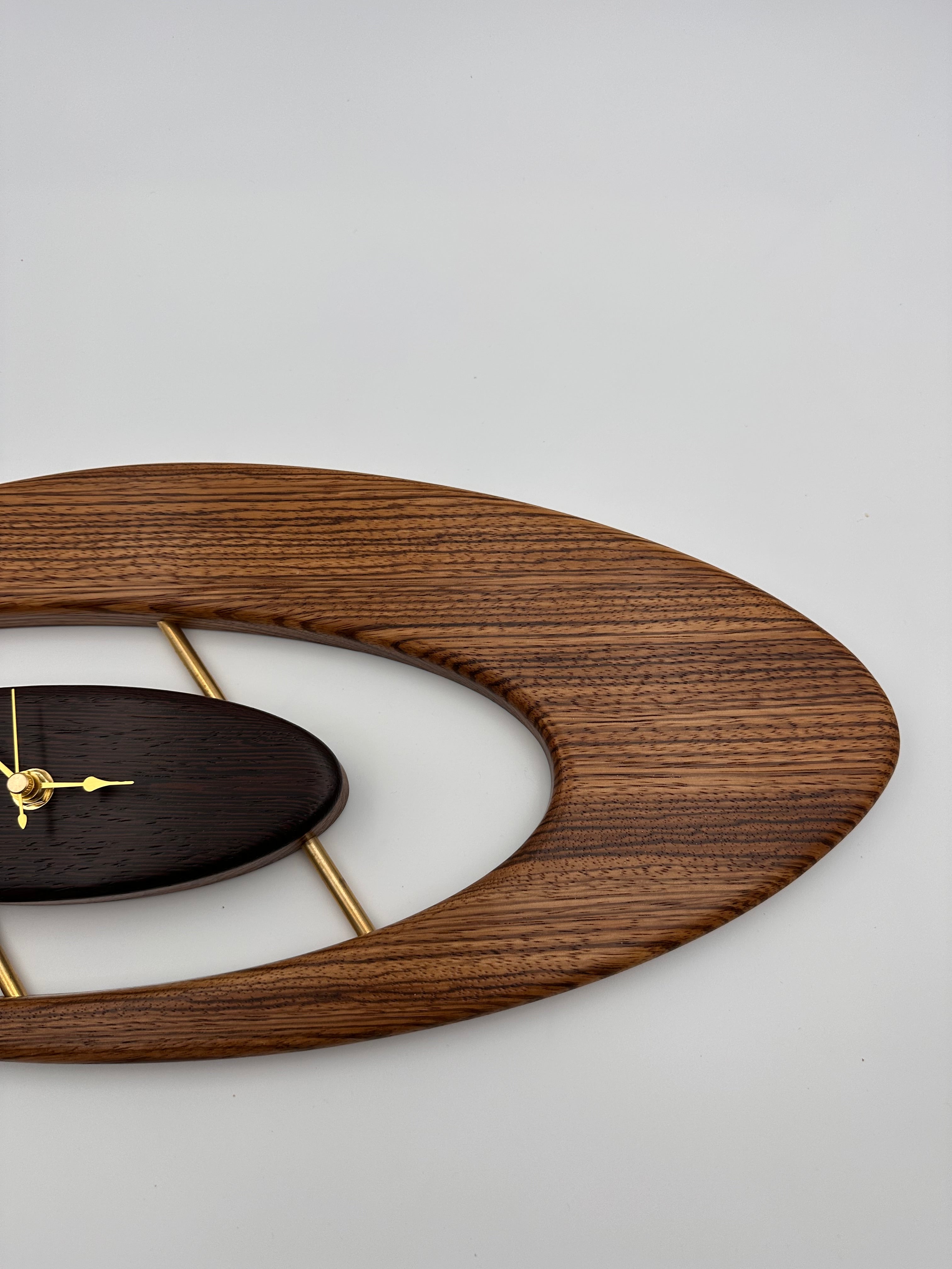 MCM Atomic Boomerang Clock Custom Hand Made Zebra Wood, Wenge, Brass