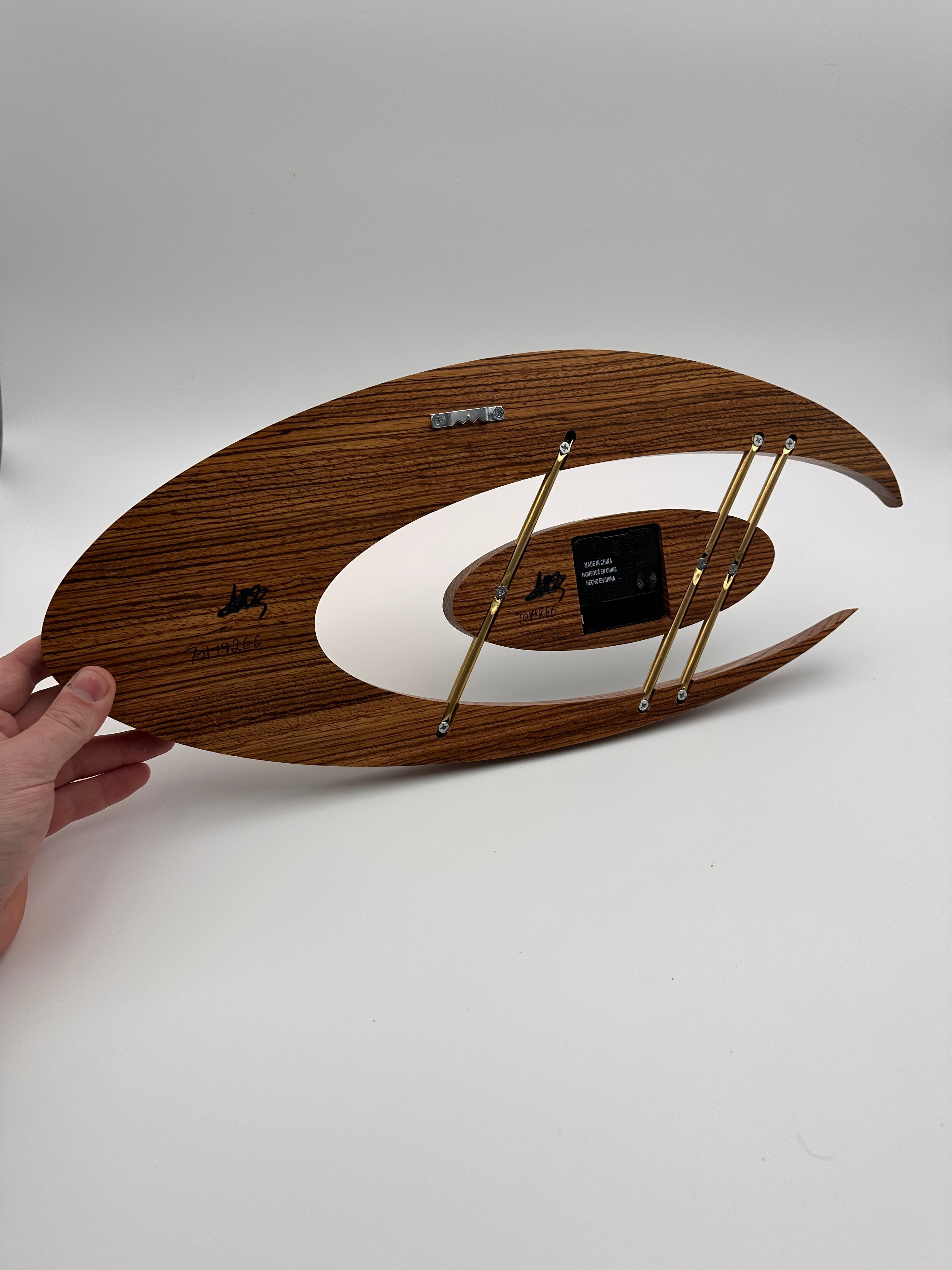 MCM Atomic Boomerang Clock Custom Hand Made Zebra Wood, Wenge, Brass